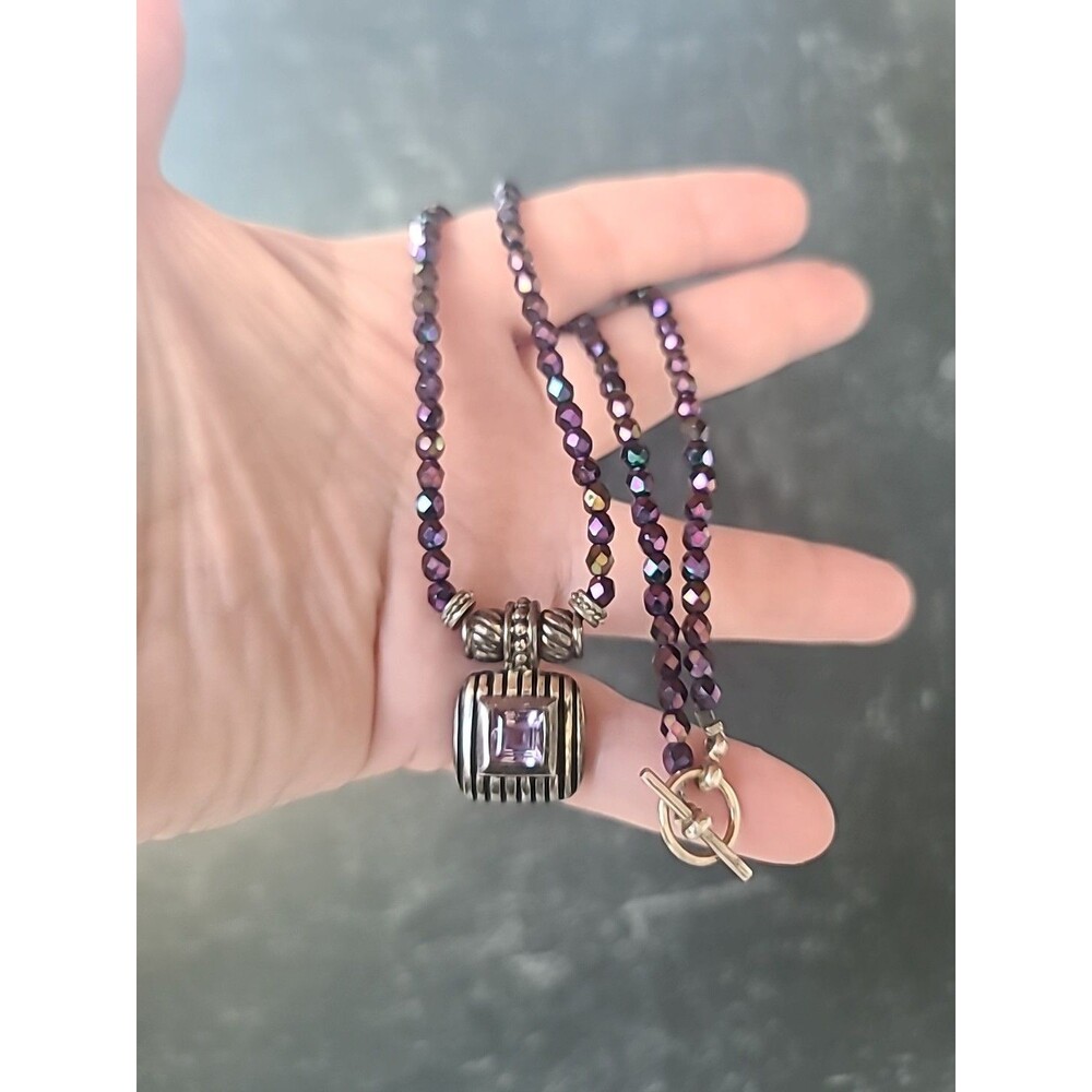 925 Sterling Silver Rhinestone Beaded Amethyst Pendant Necklace Toggle Closure